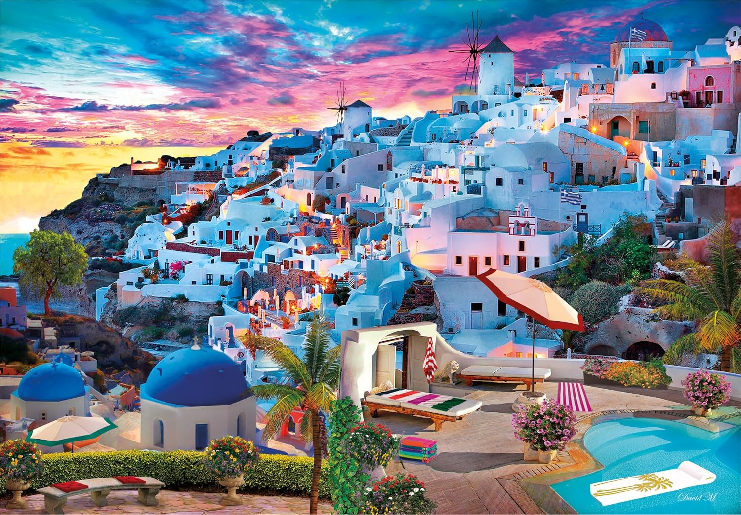 Santorini village at sunset on a cliffside with white buildings, blue domes, windmills, and a pool deck.