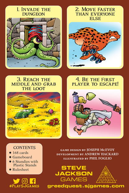Rear of "Greed Quest" game box featuring cards illustrating action: a dungeon monster, a skating cheetah, desert loot, and an escaping hero