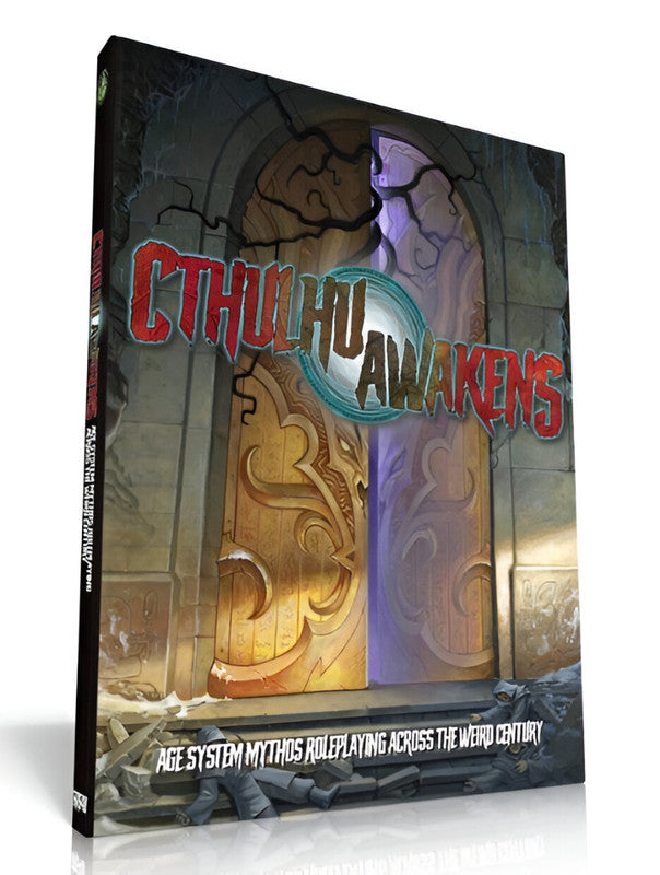 Green Ronin Cthulhu Awakens The AGE Roleplaying Game of the Weird Century book cover shows ornate doors ajar, glowing with ethereal light