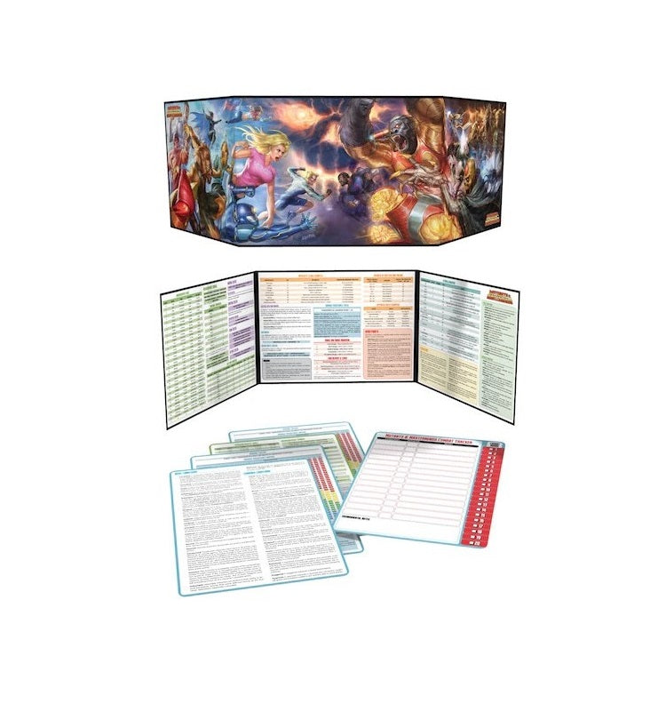A three-panel Game Master's screen for a tabletop RPG, with dynamic hero vs. monster art, rules charts, and additional game aid sheets.