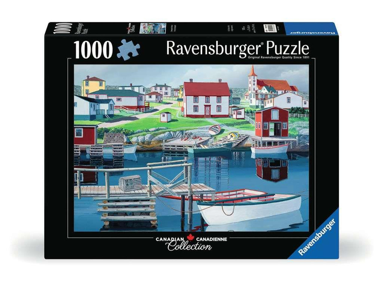 Ravensburger 1000-piece puzzle box featuring a painting of a colourful fishing village harbor with boats and houses