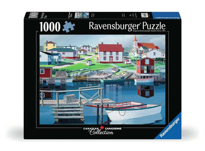 Ravensburger 1000-piece puzzle box featuring a painting of a colourful fishing village harbor with boats and houses
