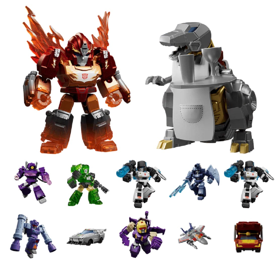 Stylized Transformers toy collection: Hot Rod, Grimlock wearing an apron, and 10 small robot/vehicle figures