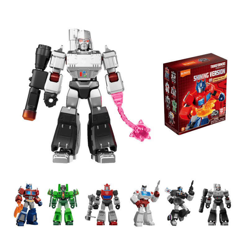 Transformers Blokkees Shining Version Megatron toy with weapon and box shown with other Blokkees figures