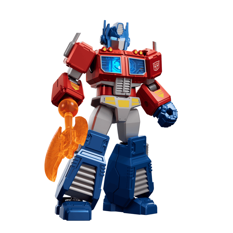 G1 style Optimus Prime action figure in red blue and gray with bright orange Energon Axe accessory