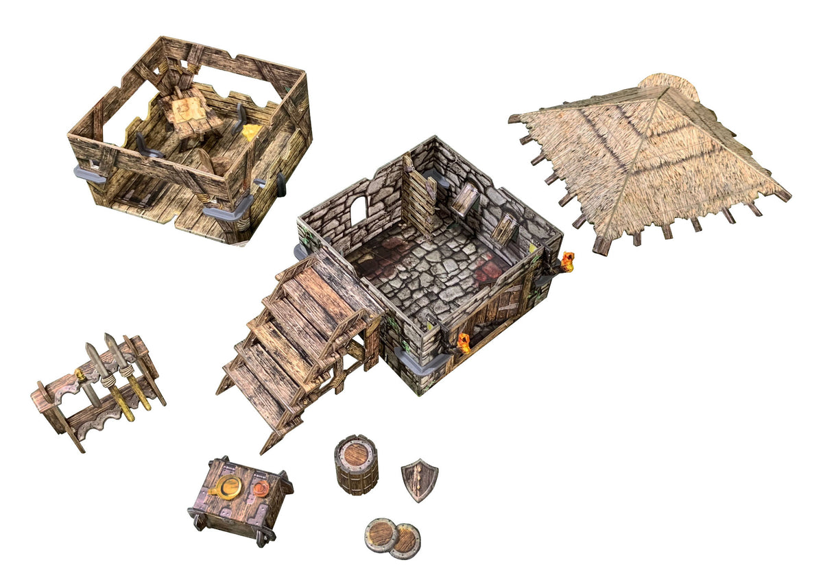 Modular fantasy terrain kit, disassembled: two-story building sections, thatched roof, weapon rack, chest, barrel, shield, and coins.