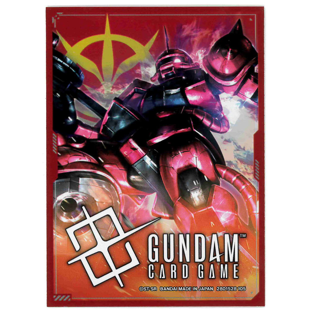 Red Gundam Card Game sleeve shows a dynamic pink and black mobile suit. Yellow Zeon symbol on the background, with "Gundam Card Game" text