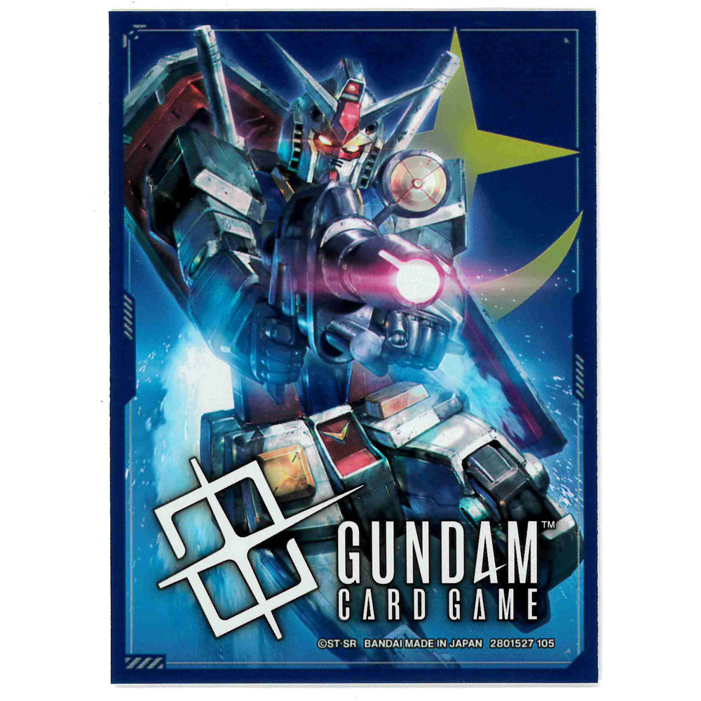 Gundam robot firing a glowing beam rifle, shield on arm, with 'Gundam Card Game' logo on a vibrant blue background
