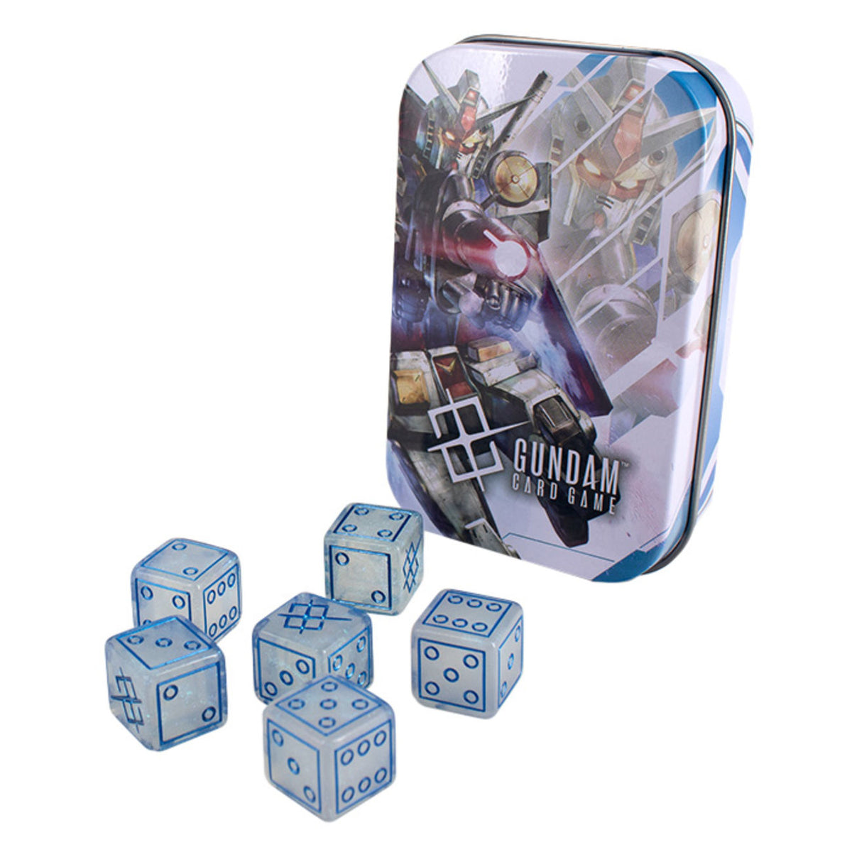 A Gundam Card Game tin featuring Gundam artwork, with six translucent blue dice scattered in front of it
