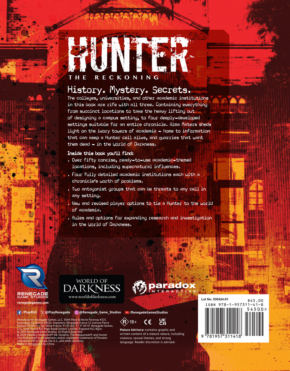 Back cover: Alma Maters for Hunter The Reckoning. Woman with afro and denim jacket against distressed orange building art