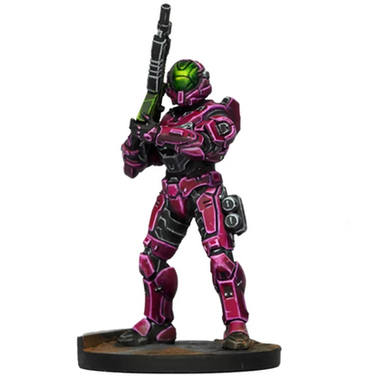 Pink and black Halo Spartan miniature with a green visor, holding a rifle