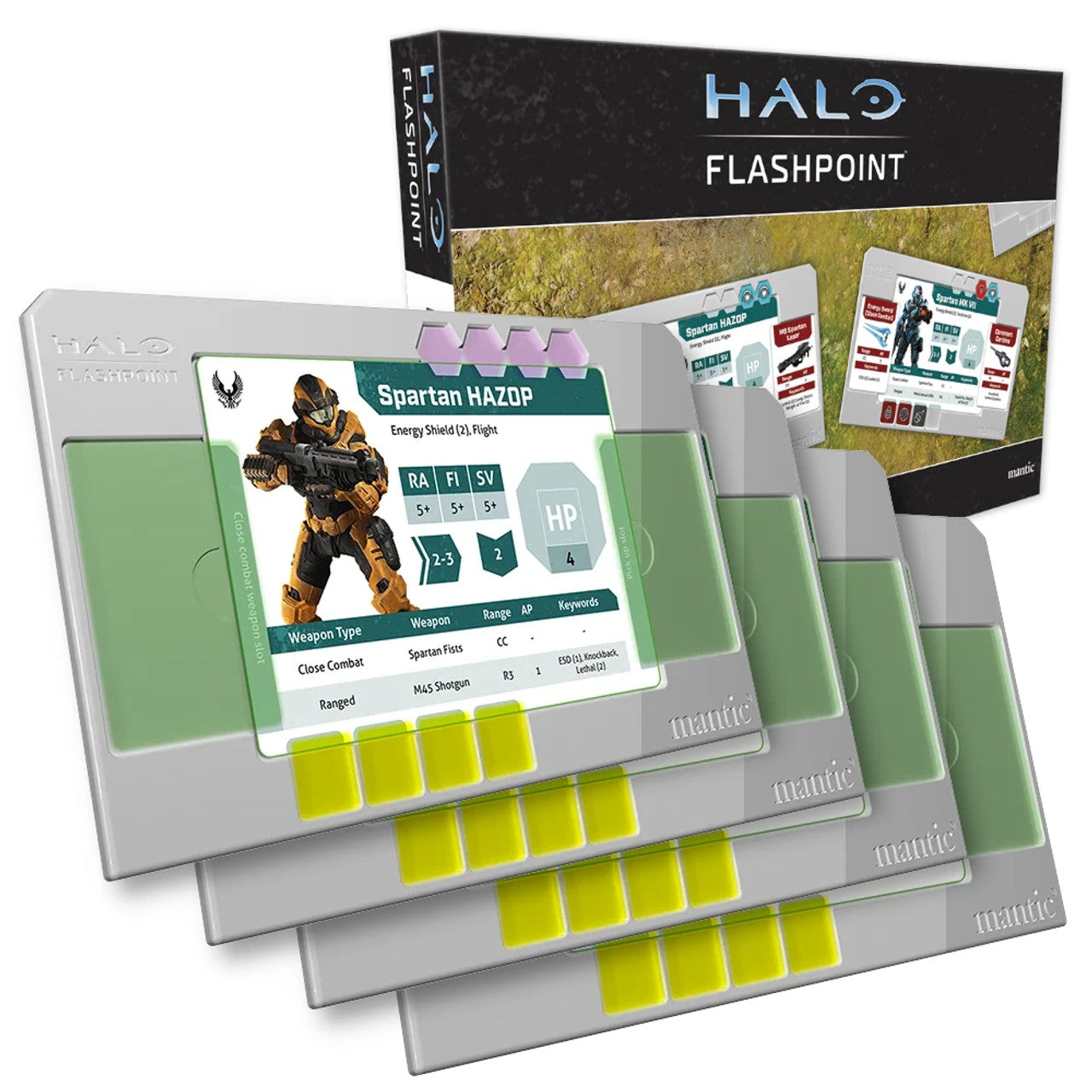 Halo Flashpoint game box and four stacked player boards, the top one displaying a Spartan HAZOP character card with stats