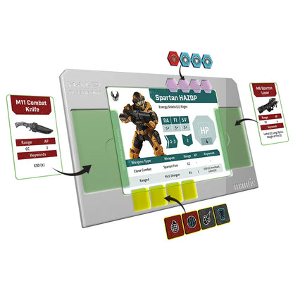 Halo Flashpoint game components: Spartan HAZOP character card on a player board, with weapon cards pointing to slots