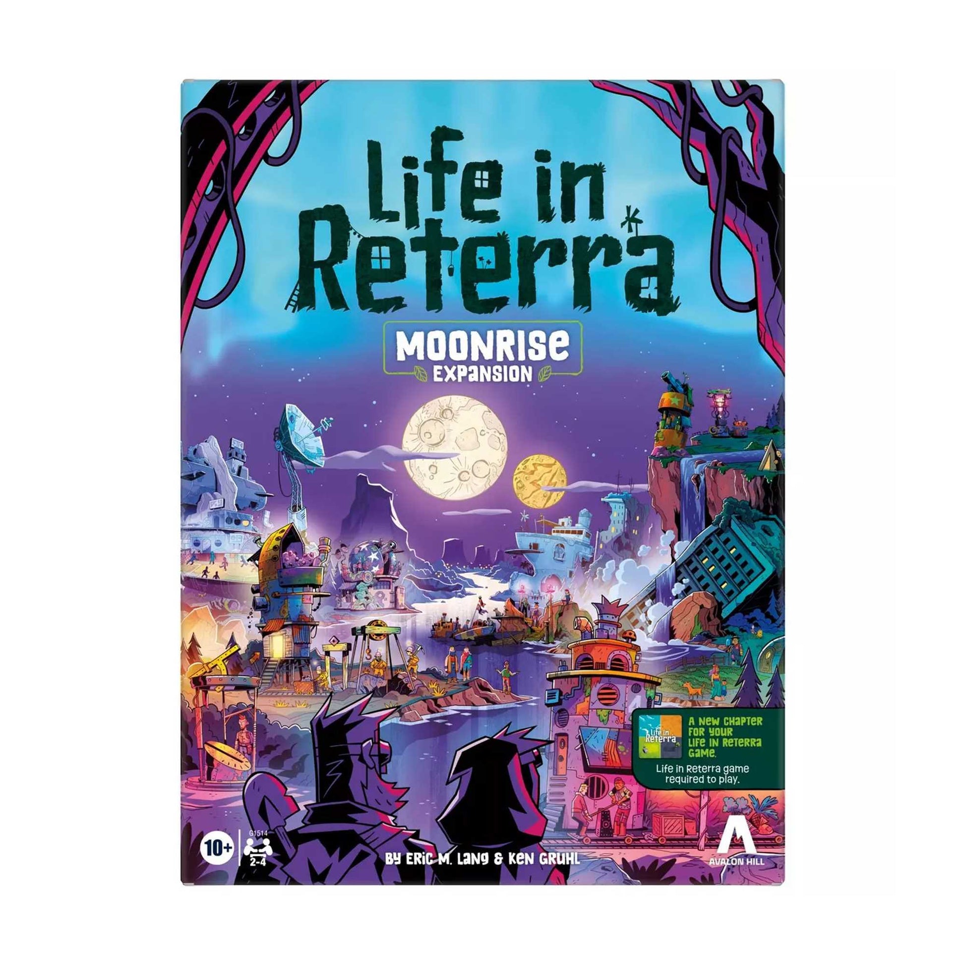 Life in Reterra: Moonrise Expansion board game cover art. A vibrant, futuristic city under two moons