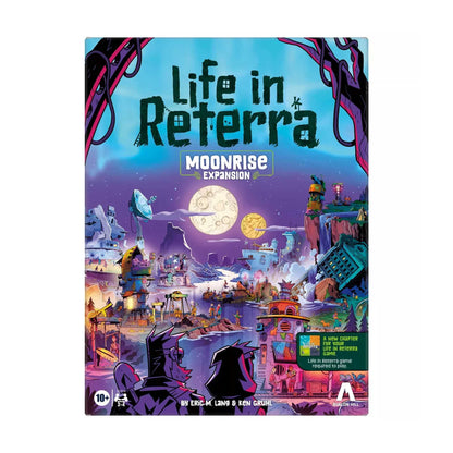 Life in Reterra: Moonrise Expansion board game cover art. A vibrant, futuristic city under two moons