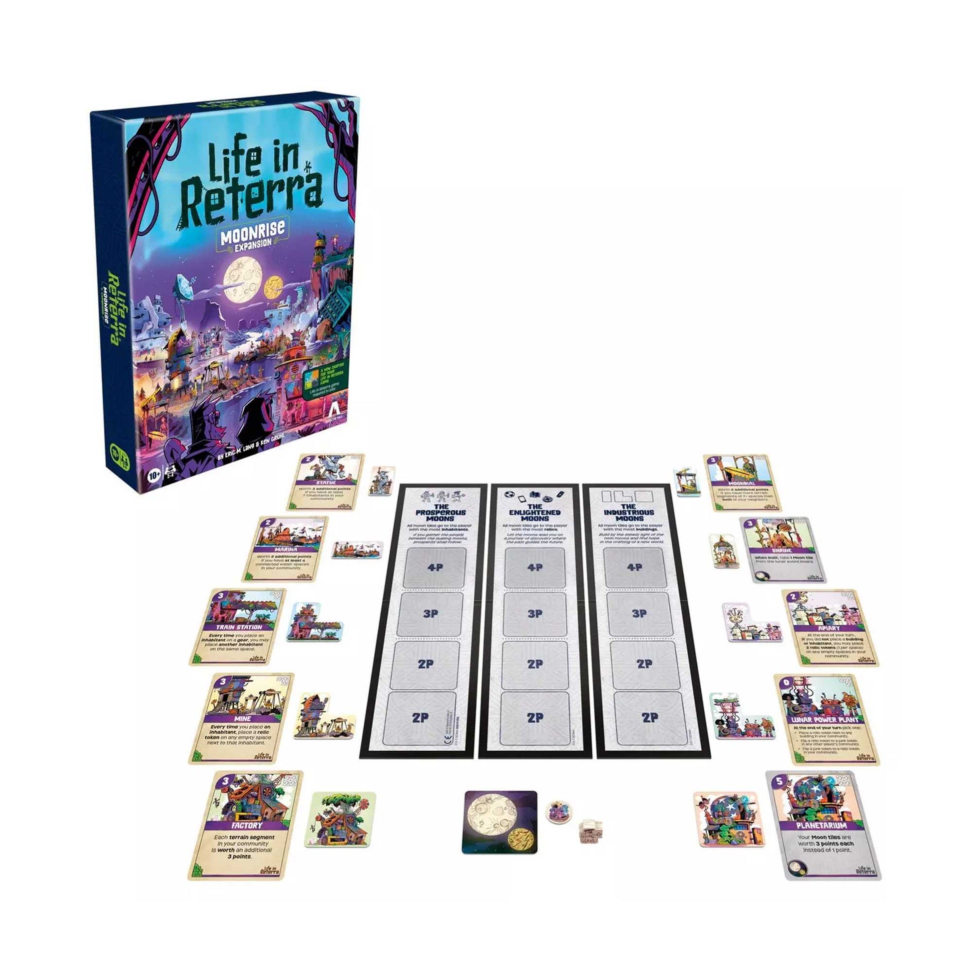 Board game expansion box, Life in Reterra: Moonrise, shown with cards, tokens, and three game boards