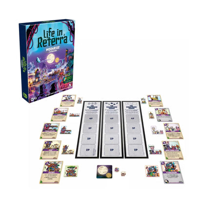 Board game expansion box, Life in Reterra: Moonrise, shown with cards, tokens, and three game boards