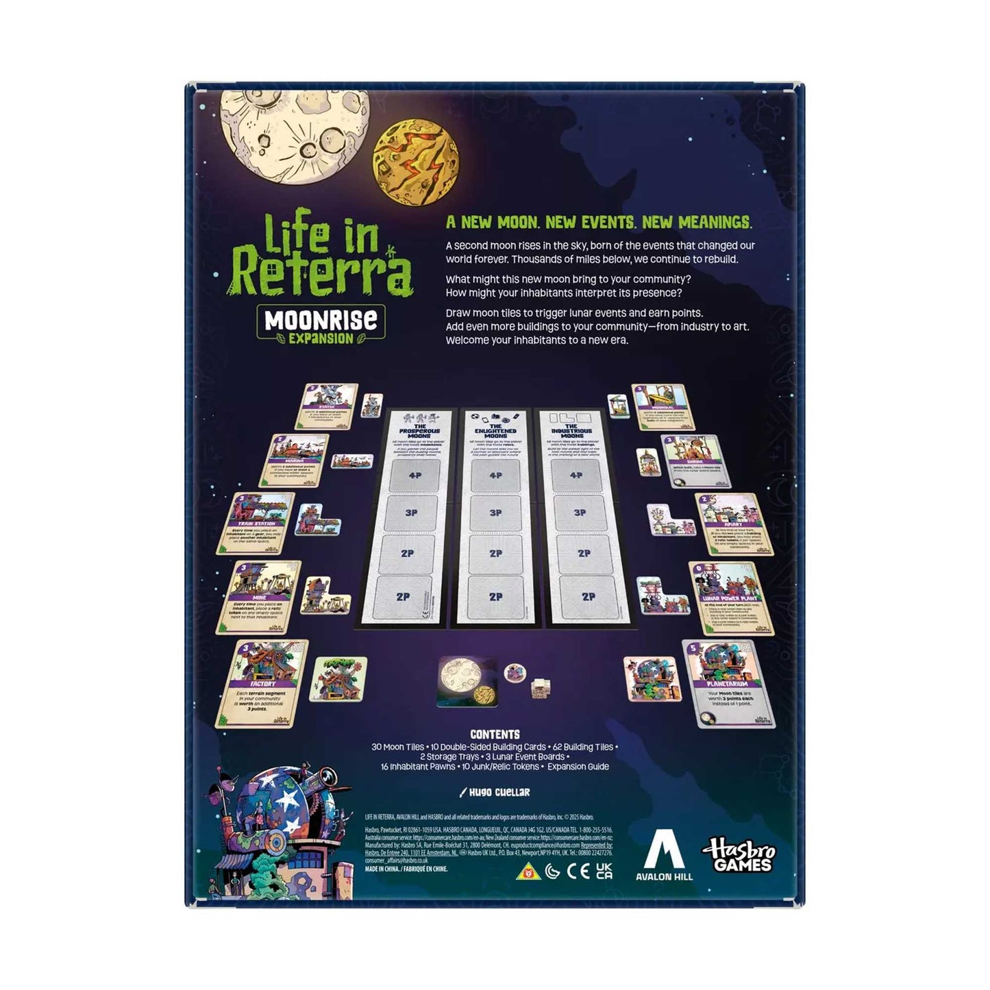 Life in Reterrra: Moonrise Expansion box back, displaying components (tiles, cards) and the expansion content list