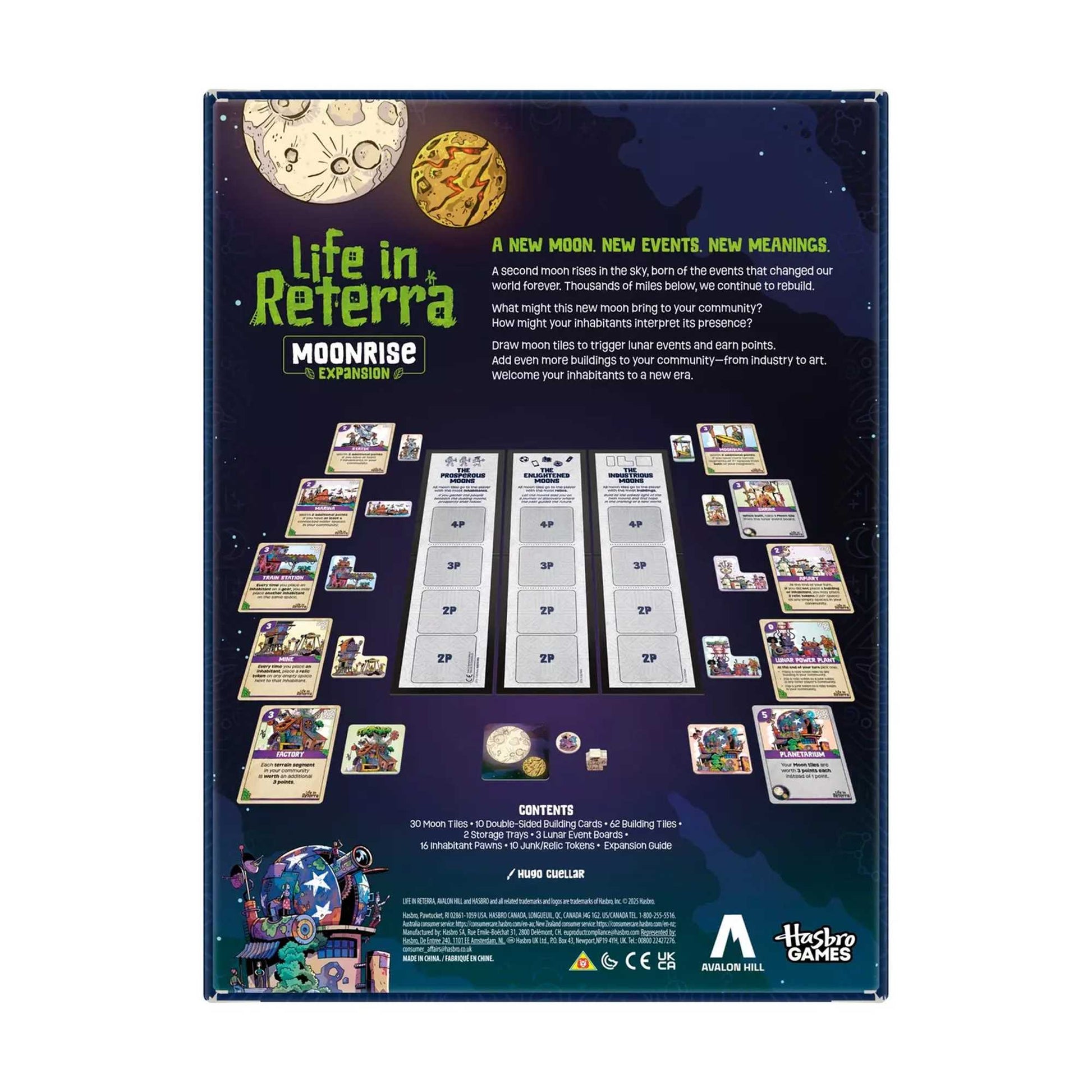 Life in Reterrra: Moonrise Expansion box back, displaying components (tiles, cards) and the expansion content list