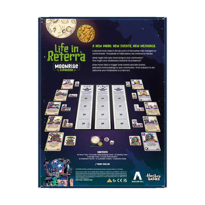 Life in Reterrra: Moonrise Expansion box back, displaying components (tiles, cards) and the expansion content list