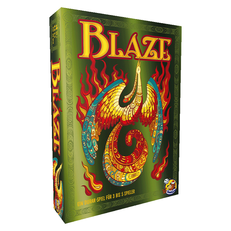 Blaze board game box featuring a vibrant, stylized phoenix with spread wings and flames on a dark green background.