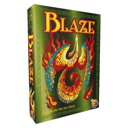 Blaze board game box featuring a vibrant, stylized phoenix with spread wings and flames on a dark green background.