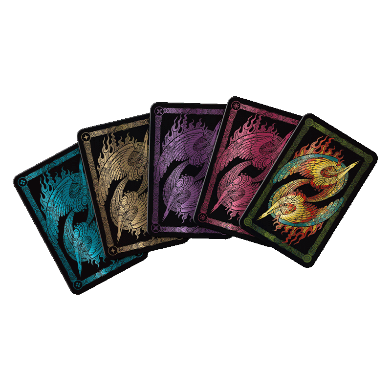 Five fanned cards with colourful, intricate phoenix designs on black backs, each in a different primary colour.