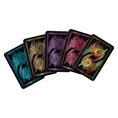 Five fanned cards with colourful, intricate phoenix designs on black backs, each in a different primary colour.