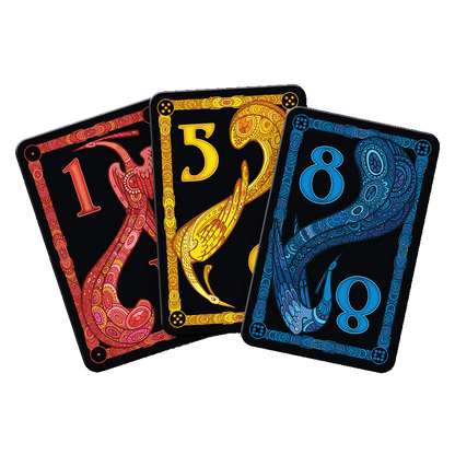 Three fanned playing cards: red '1', gold '5', blue '8', each with a stylized bird design.