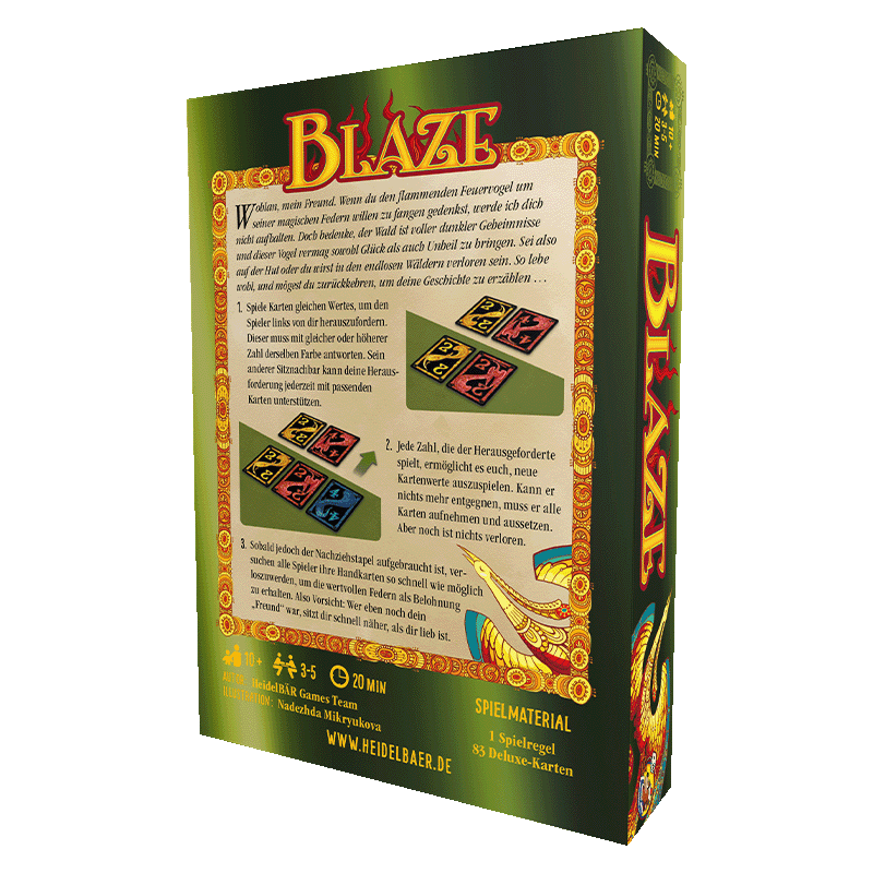 Angled view of 'Blaze' game box back, with German rules, card examples, and golden phoenix art.
