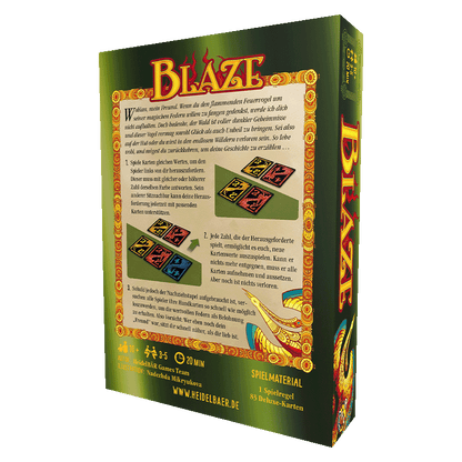 Angled view of 'Blaze' game box back, with German rules, card examples, and golden phoenix art.