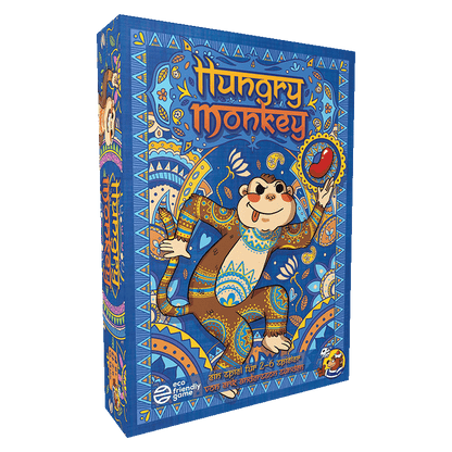 Vertical 'Hungry Monkey' board game box. A smiling, patterned monkey with tongue out reaches for a red jelly bean.