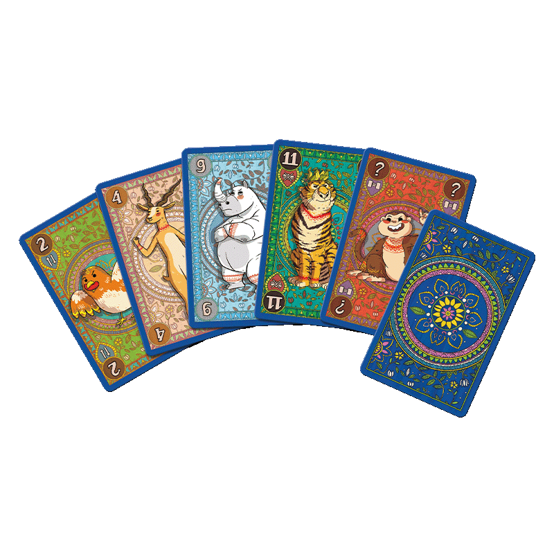 Seven colourful game cards fanned out: five depict cartoon animals with numbers, and one card is face down.