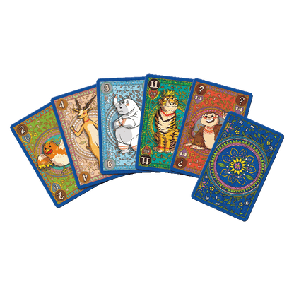 Seven colourful game cards fanned out: five depict cartoon animals with numbers, and one card is face down.