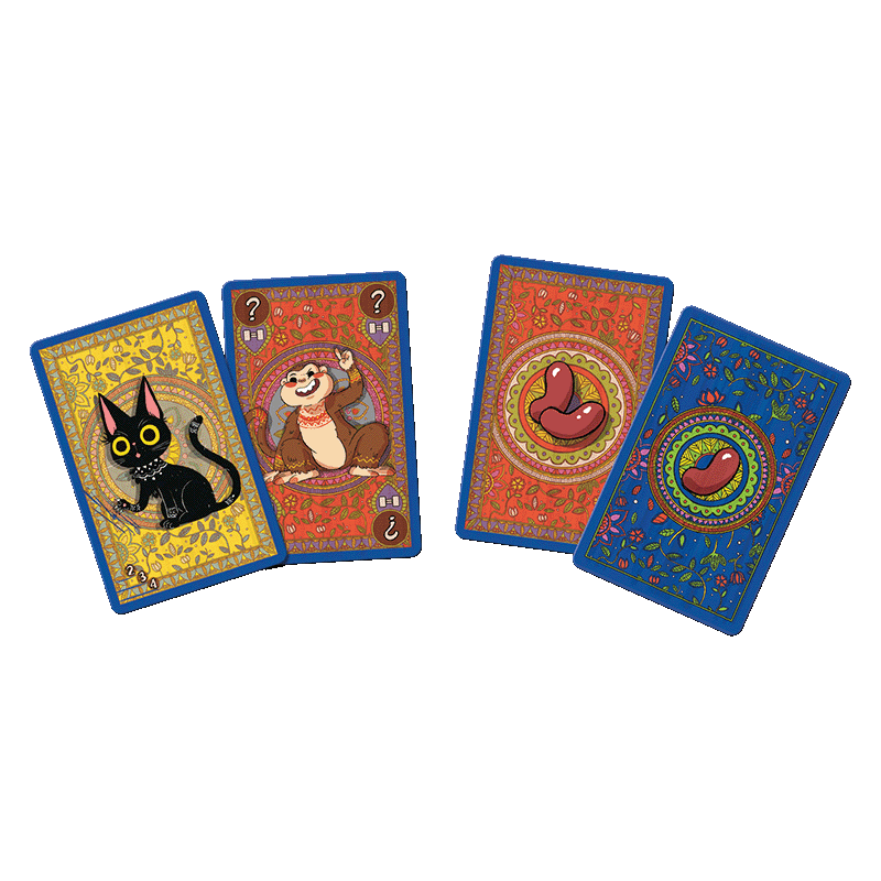 Four ornate playing cards are shown. Two face-up feature a black cat and a smiling, tan animal; two face-down reveal bean symbols.