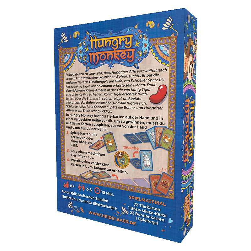 Back of a blue "Hungry Monkey" card game box. Features German text, a red bean, and colourful animal playing cards.