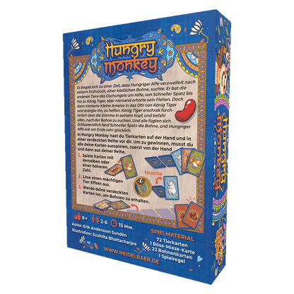 Back of a blue "Hungry Monkey" card game box. Features German text, a red bean, and colourful animal playing cards.