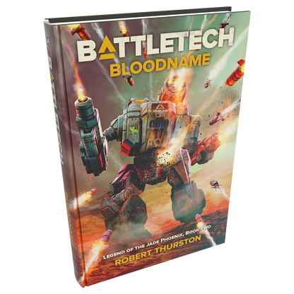 Battletech Bloodname book cover with mech and missiles