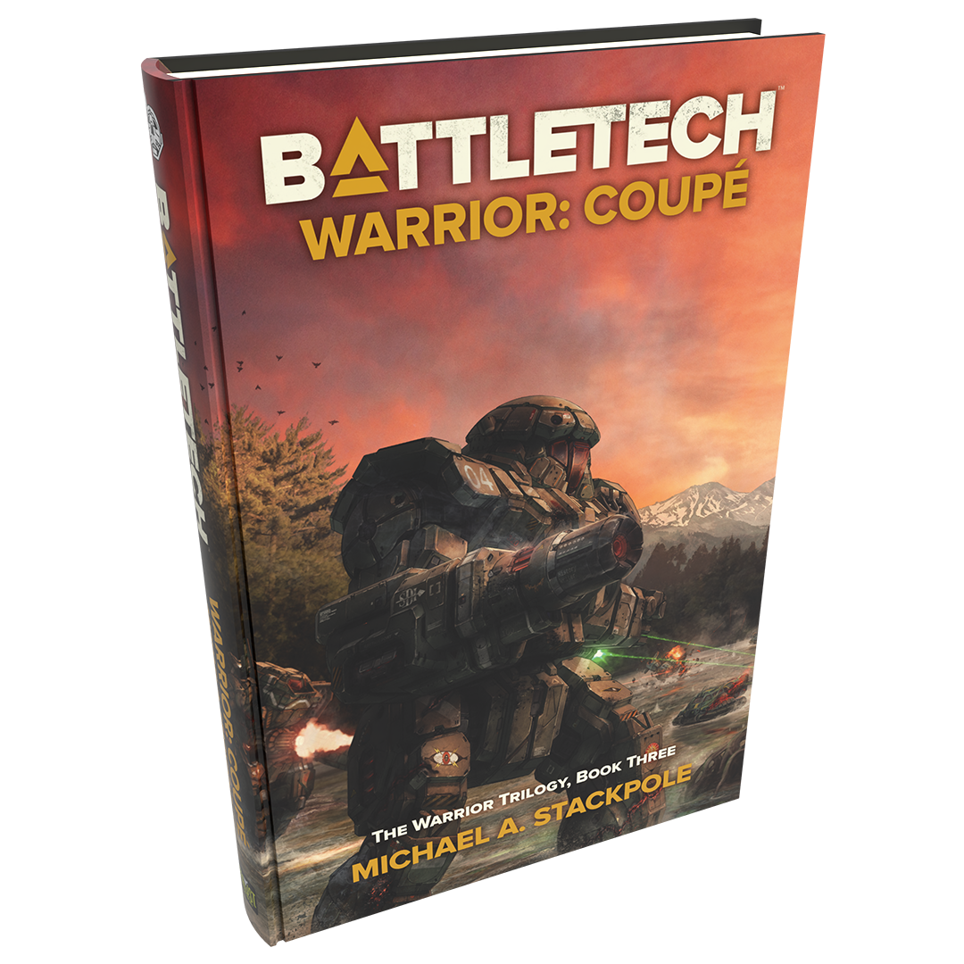 BattleTech Warrior Coupé The Warrior Triology RPG Hardcover Book featuring a heavily armored mech with a large weapon in a fiery landscape