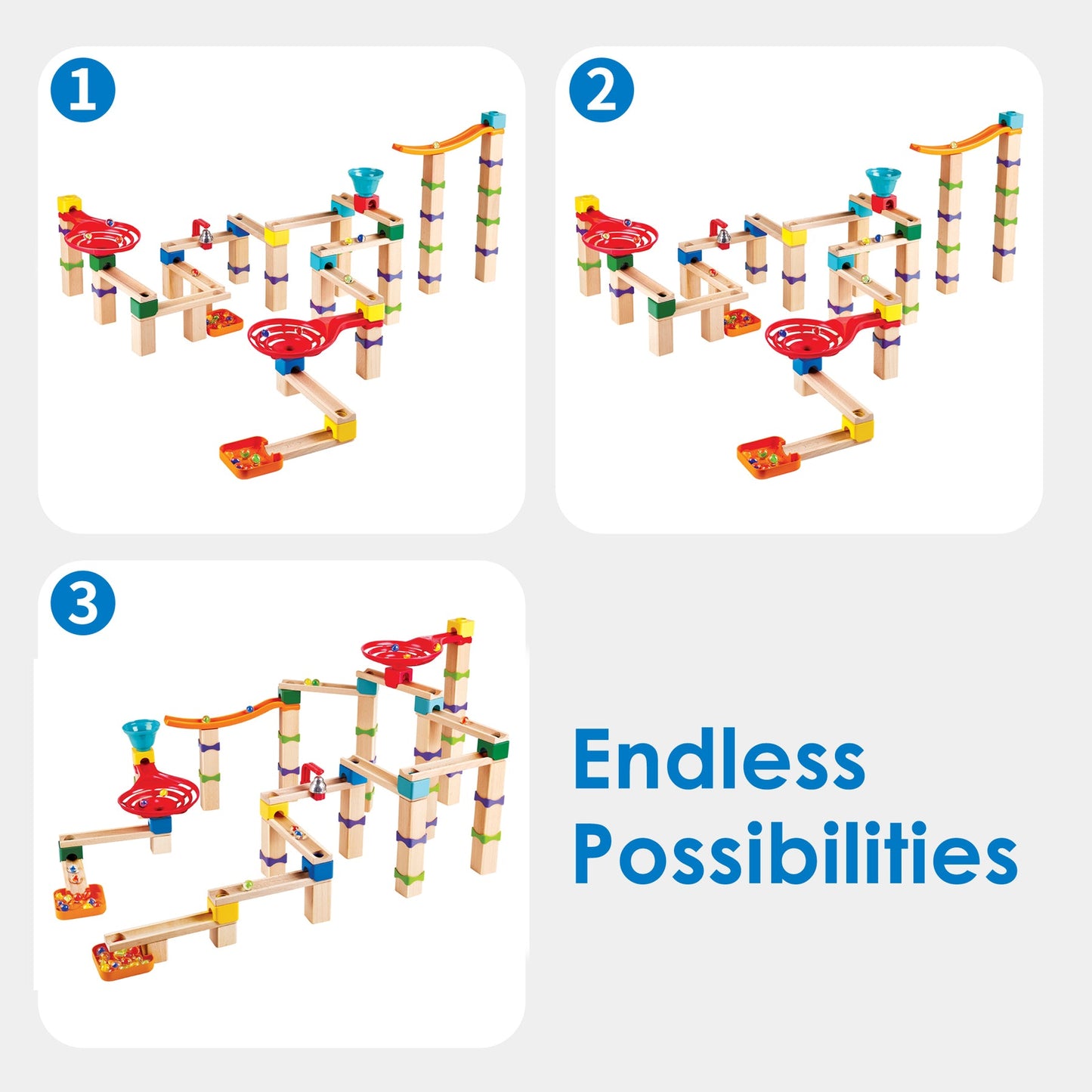 Three unique configurations of a colorful wooden marble run kit featuring tracks and funnels