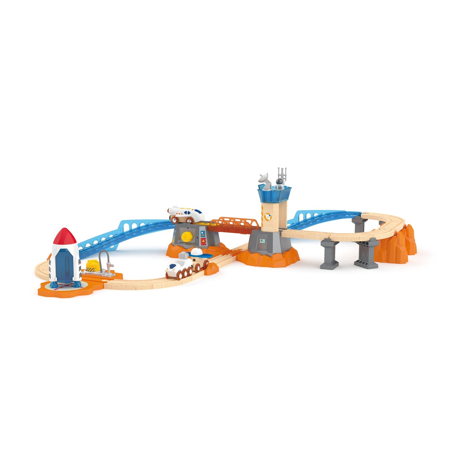 Space-themed wooden toy track set with rocket launch pad, control tower, and elevated train paths