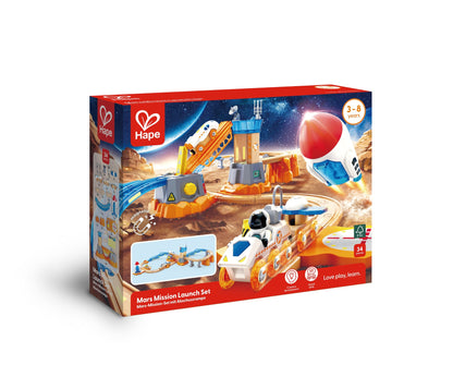 Hape Mars Mission Launch Set box, showing a wooden toy rocket launching and a rover on space-themed tracks
