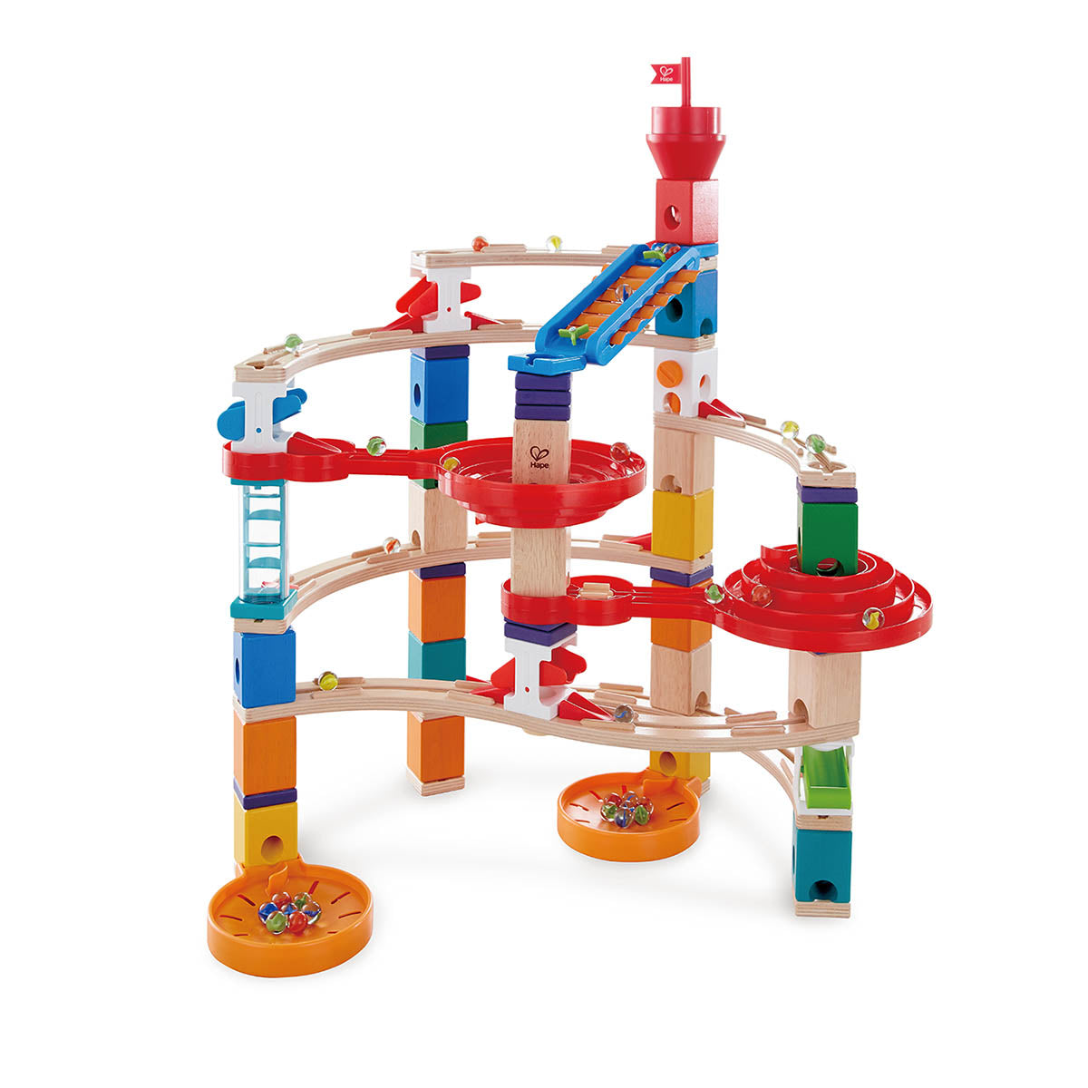 Multi-level colorful wooden marble run structure with rolling marbles, tracks, and funnels