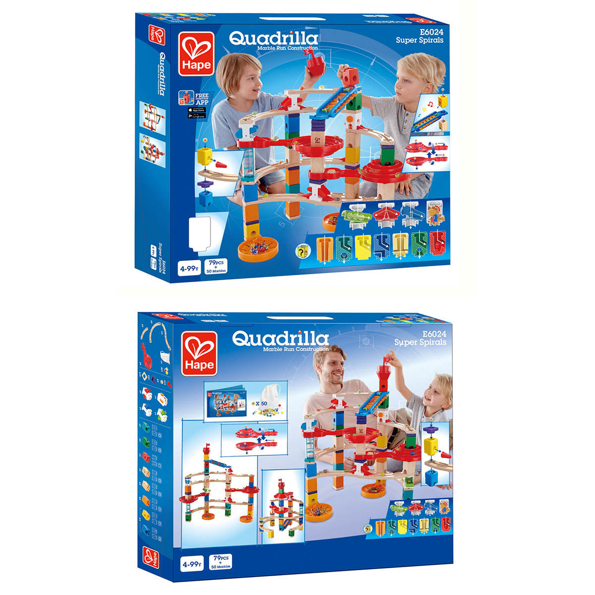 Two Hape Quadrilla Super Spirals Marble Run toy boxes showing the complex, colorful wooden construction and kids playing