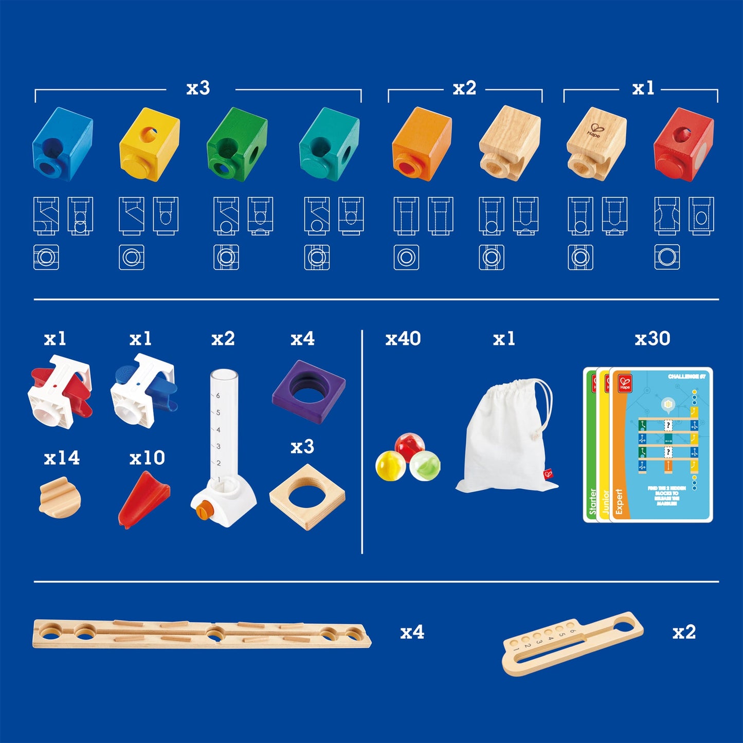 Inventory of components for a marble run game, including colorful blocks, wooden tracks, marbles, and challenge cards