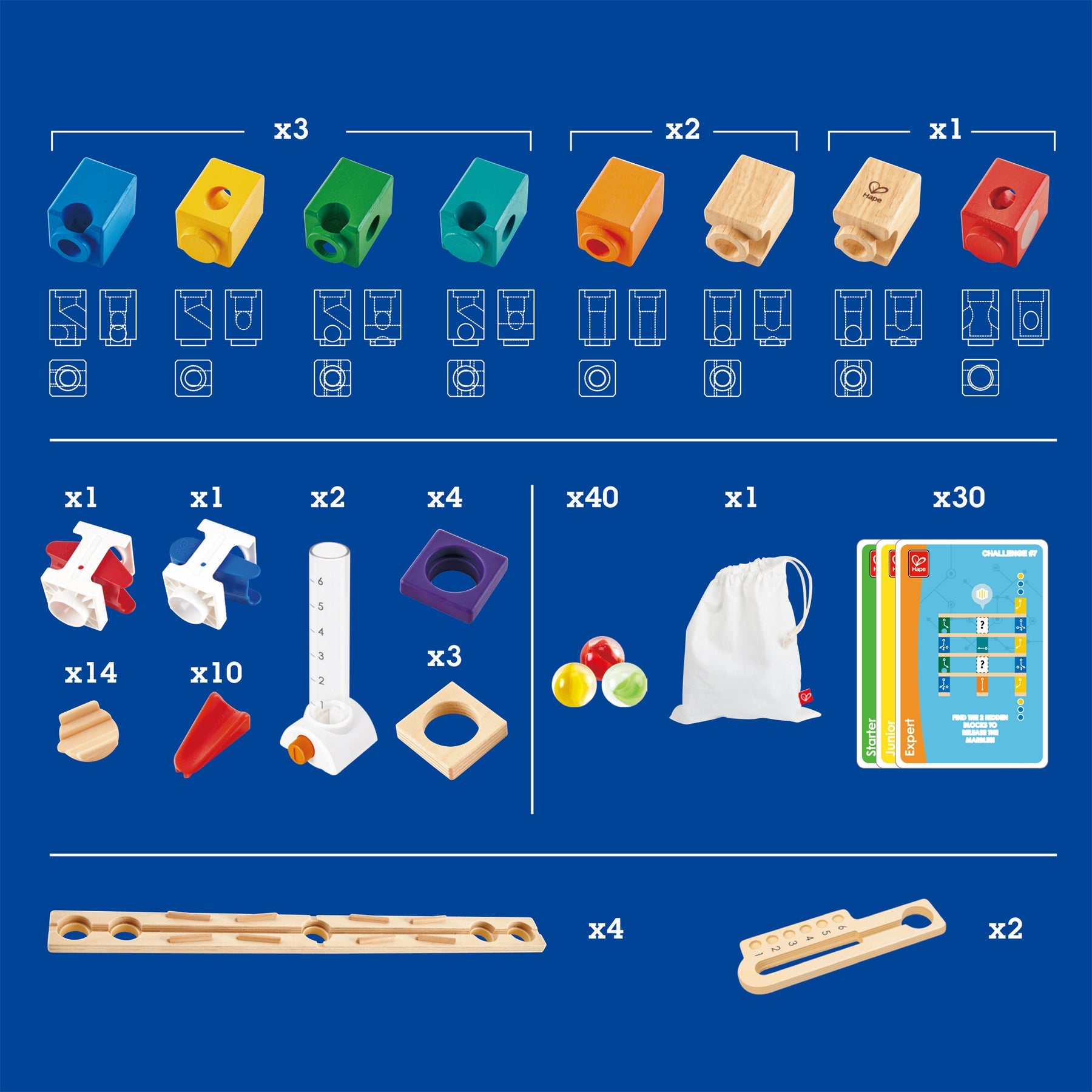 Inventory of components for a marble run game, including colorful blocks, wooden tracks, marbles, and challenge cards