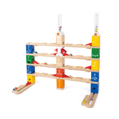 Multilevel wooden marble run toy with colorful connecting blocks and marbles