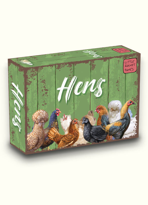 Green, weathered game box for &#39;Hens&#39; with illustrations of diverse chicken breeds.