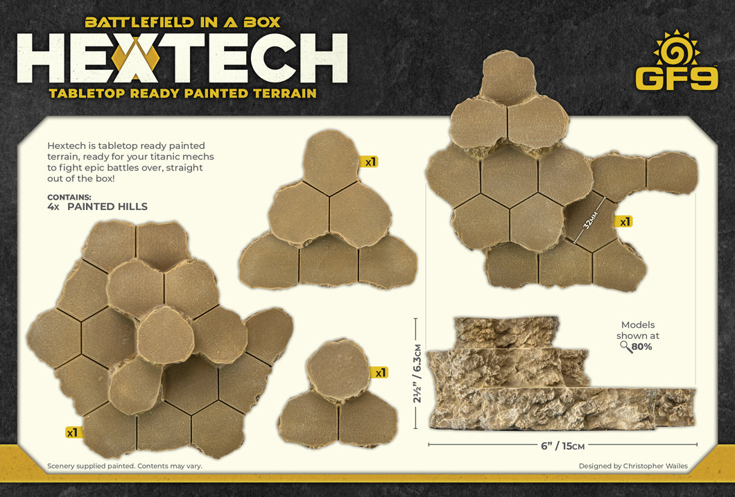 Hextech &#39;Battlefield in a Box&#39; shows four painted, modular, hexagonal hills as tabletop wargaming terrain.