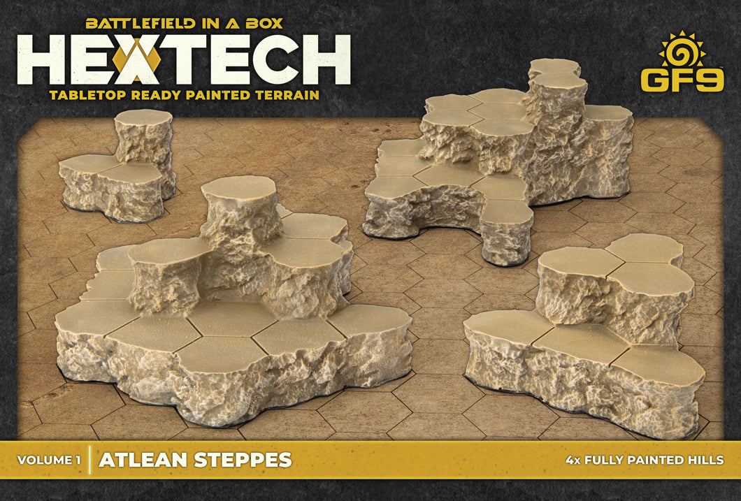 Four fully painted HexTech tabletop hills. Sandy, modular terrain with hexagonal tops.